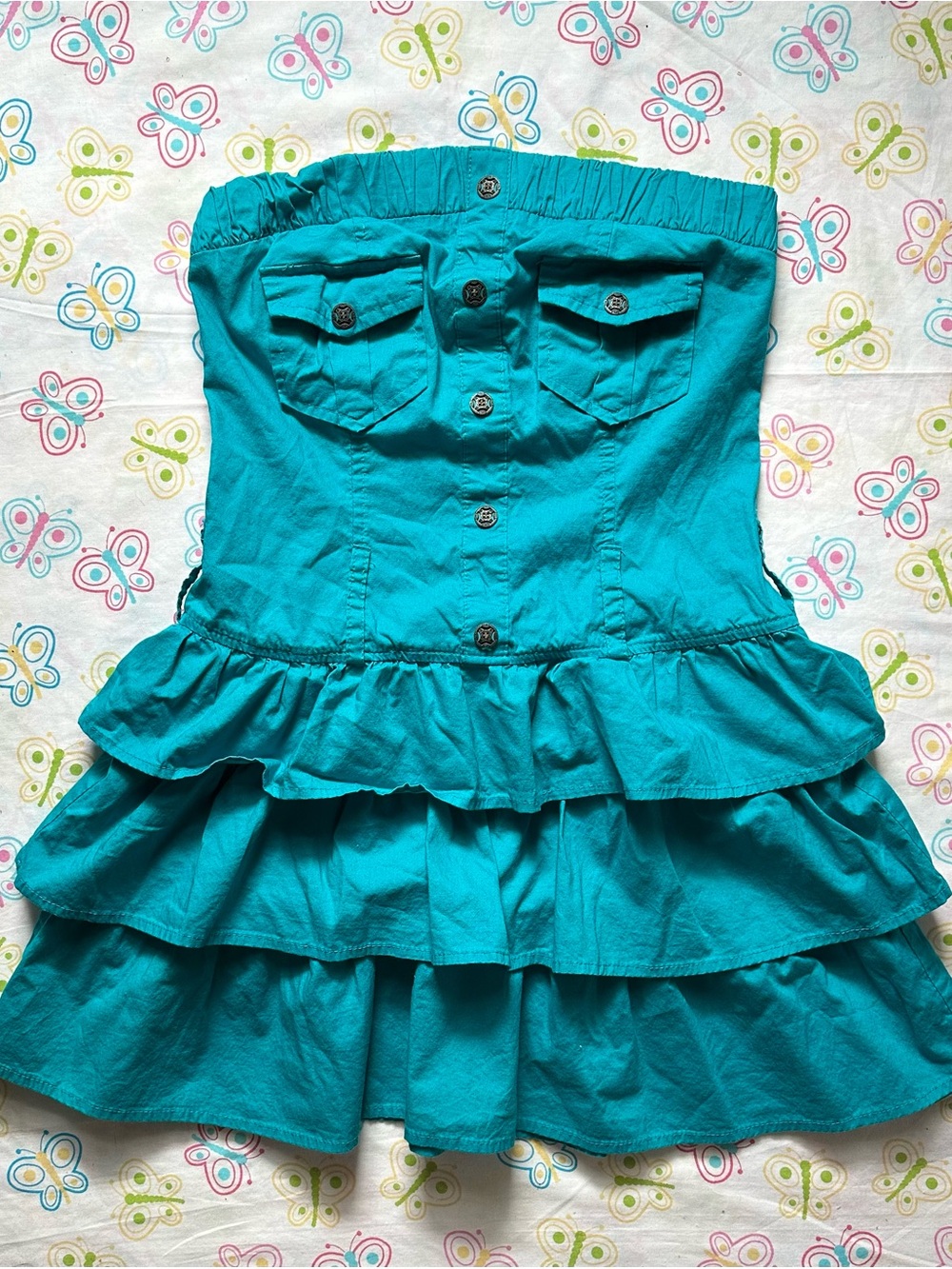 Y2K Body Central Teal Ruffle Strapless Mini Dress